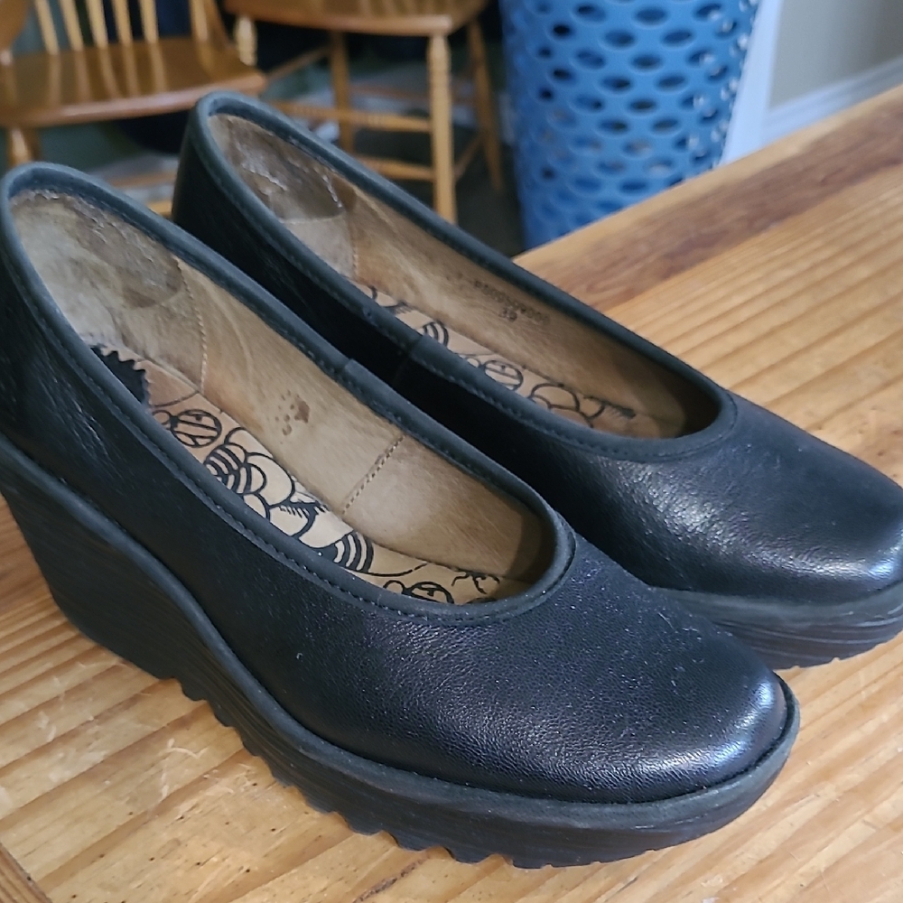 Fly London Black Wedge Shoes with Slip-On Design